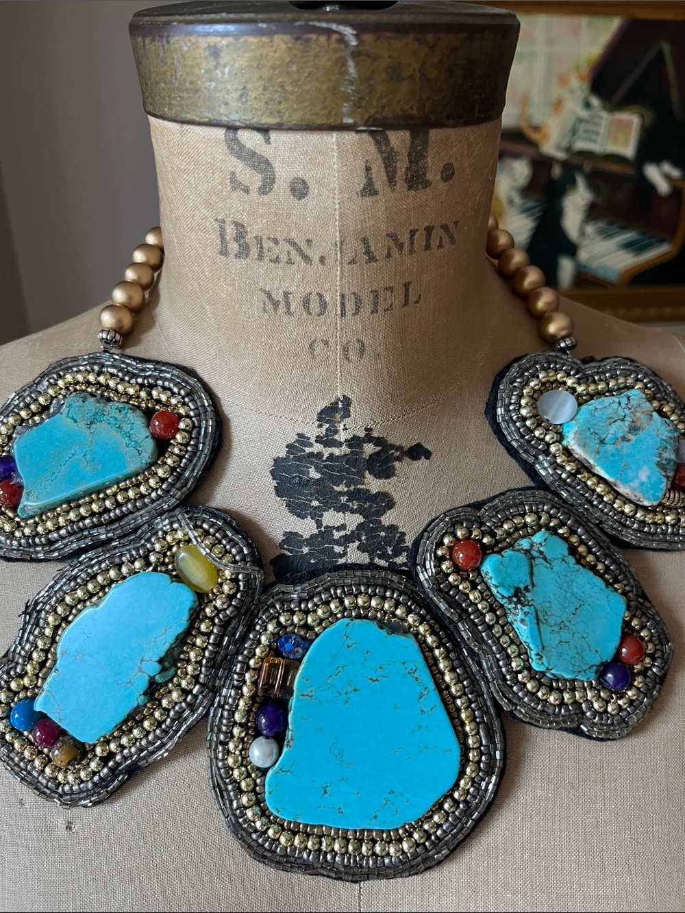 Handcrafted Turquoise tone Statement Collar Necklace - mixed gems Natasha